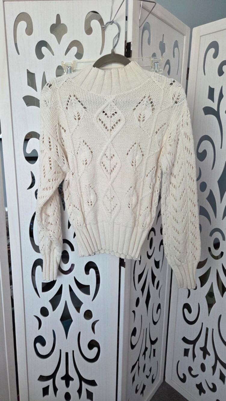 Women's Ivory Pointelle Cable Knit Mock Neck Sweater Small Cottagecore Boho